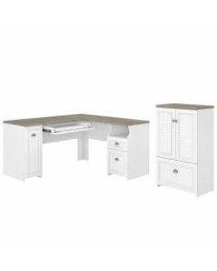 Bush Furniture Fairview 60inW L-Shaped Desk And 2-Door Storage Cabinet With File Drawer, Shiplap Gray/Pure White, Standard Delivery