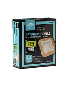 Medline Optifoam Gentle Silicone-Faced Foam & Border With Liquitrap Core Dressings, 4in x 4in, Natural, Box Of 10