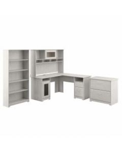 Bush Furniture Cabot L-Shaped Desk With Hutch, Lateral File Cabinet And 5-Shelf Bookcase, Linen White Oak, Standard Delivery
