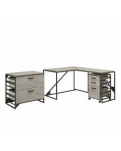 Bush Furniture Refinery 50inW L-Shaped Industrial Desk With File Cabinets, Cottage White, Standard Delivery