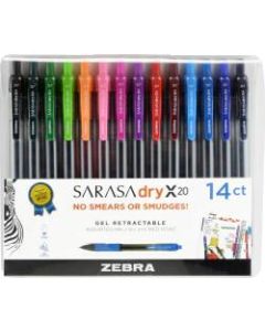 Zebra Sarasa Gel Ink Retractable Pens, Medium Point, 0.7 mm, Clear Barrels, Assorted Ink Colors, Pack Of 14