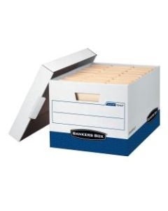 Bankers Box R Kive FastFold Heavy-Duty Storage Boxes With Locking Lift-Off Lids And Built-In Handles, Letter/Legal Size, 15D x 12in x 10in, 60% Recycled, White/Blue, Case Of 4