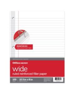 Office Depot Brand Reinforced Filler Paper, 8in x 10 1/2in, 16 Lb, Wide Ruled, White, Pack Of 100
