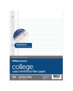 Office Depot Brand Reinforced Filler Paper, 8in x 10 1/2in, College Ruled, White, Pack Of 100