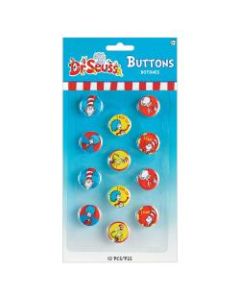 Amscan Dr. Seuss Buttons, 1-3/4in x 1-3/4in, Multicolor, 12 Buttons Per Pack, Set Of 2 Packs