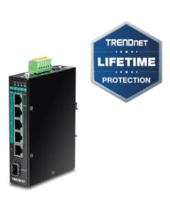 TRENDnet 5-Port Hardened Industrial Gigabit PoE+ DIN-Rail Switch, 120W Power Budget, 1 x SFP Slot, IP30 Rated, Unmanaged Switch, Gigabit PoE+ Network Switch, Lifetime Protection, Black, TI-PG541 - 5-port Hardened Industrial Gigabit PoE+ DIN-Rail Switch