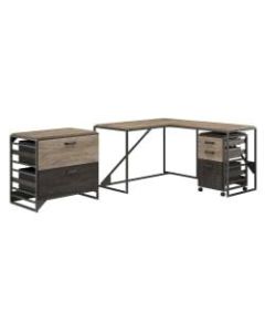 Bush Furniture Refinery 50inW L Shaped Industrial Desk With 37inW Return And File Cabinets, Rustic Gray/Charred Wood, Standard Delivery