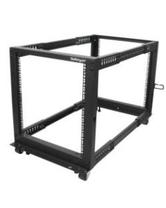 StarTech.com 12U Adjustable Depth Open Frame 4 Post Server Rack w/ Casters / Levelers and Cable Management Hooks - Store your servers, network and telecommunications equipment in this adjustable 12U rack - 12U Adjustable Depth Open Frame 4 Post Serve