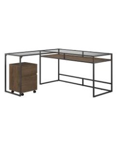 Bush Furniture Anthropology 60inW Glass Top L-Shaped Desk With 2-Drawer Mobile File Cabinet, Rustic Brown Embossed, Standard Delivery