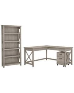 Bush Furniture Key West 60inW L Shaped Desk with Mobile File Cabinet and 5 Shelf Bookcase, Washed Gray, Standard Delivery