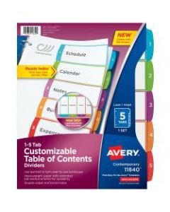 Avery Ready Index Table Of Contents Dividers, 8 1/2in x 11in, White/Multicolor, Pack Of 5