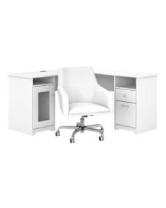 Bush Furniture Cabot 60inW L-Shaped Desk With Mid-Back Leather Box Chair, White, Standard Delivery