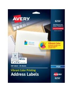 Avery Color Printing Labels, 8250, 1in x 2 5/8in, White, Pack of 600