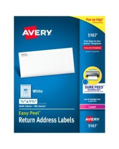 Avery Easy Peel Return Address Labels With Sure Feed Technology, 5167, 1/2in x 1 3/4in, White, Box Of 8,000