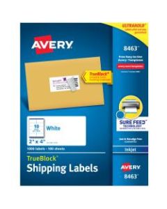 Avery TrueBlock Permanent Inkjet Shipping Labels, 8463, 2in x 4in, White, Pack Of 1,000