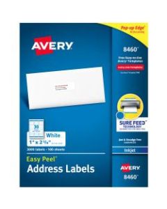 Avery Easy Peel White Inkjet Address Labels, 8460, 1in x 2 5/8in, Box Of 3,000