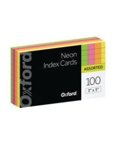Oxford Neon Index Cards, 3in x 5in, Ruled, Assorted Colors, 100 Per Pack