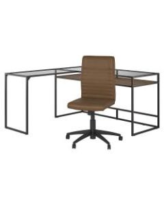 Bush Furniture Anthropology 60inW Glass Top L-Shaped Desk With Mid-Back Ribbed Leather Office Chair, Rustic Brown Embossed, Standard Delivery