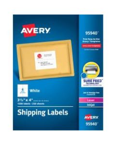 Avery Bulk Shipping Labels, 95940, 3 1/3in x 4in, FSC Certified, White, Pack Of 1,500