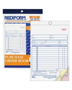 Rediform 3-Part Carbonless Purchase Order Book - 50 Sheet(s) - 3 PartCarbonless Copy - 5 1/2in x 7 7/8in Sheet Size - White, Canary, Pink - Blue Print Color - 1 Each