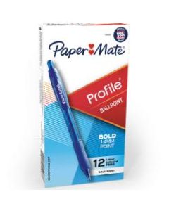Paper Mate Profile Retractable Ballpoint Pens, Bold Point, 1.4 mm, Translucent Barrel, Blue Ink, Pack Of 12