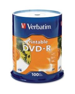 Verbatim Inkjet Printable DVD-R Spindle, White, Pack Of 100