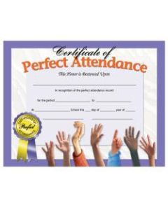 Hayes Publishing Perfect Attendance Certificates, Hands, 8 1/2in x 11in, Multicolor, Pack Of 30