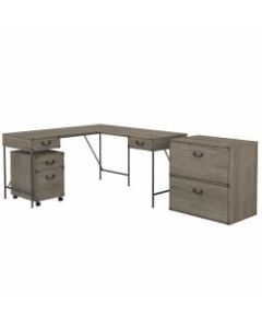 kathy ireland Home by Bush Furniture Ironworks 60inW L-Shaped Writing Desk With File Cabinets, Restored Gray, Standard Delivery
