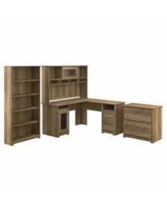 Bush Furniture Cabot L-Shaped Desk With Hutch, Lateral File Cabinet And 5-Shelf Bookcase, Reclaimed Pine, Standard Delivery