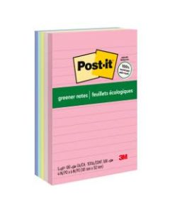 Post-it Greener Lined Notes, 4in x 6in, 100% Recycled, Helsinki, Pack Of 5 Pads