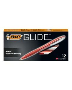 BIC Glide Retractable Ballpoint Pens, Medium Point, 1.0 mm, Clear Barrel, Red Ink, Pack Of 12