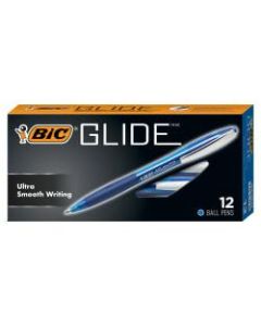 BIC Glide Retractable Ballpoint Pens, Medium Point, 1.0 mm, Clear Barrel, Blue Ink, Pack Of 12