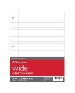 Office Depot Brand Ruled Filler Paper, 10 1/2in x 8in, 3-Hole Punched, 16 Lb, Wide Ruled With Margin, Ream Of 500 Sheets