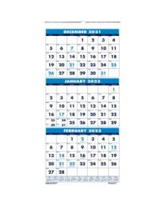 House of Doolittle Three-month Vertical Wall Calendar - Monthly - 1.2 Year - December 2021 till January 2023 - 3 Month Single Page Layout - 12 1/4in x 27in Sheet Size - Wire Bound - Blue - Paper - 26in Height x 12.3in Width - Eyelet - 1 Each