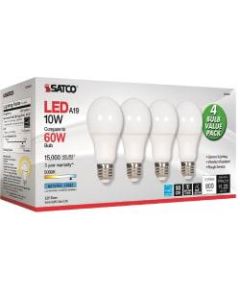 Satco 10W A19 LED 5000K Light Bulbs - 10 W - 60 W Incandescent Equivalent Wattage - 120 V AC - 800 lm - A19 Size - Frosted White - Natural Light Light Color - E26 Base - 15000 Hour - 8540.3 deg.F (4726.8 deg.C) Color Temperature