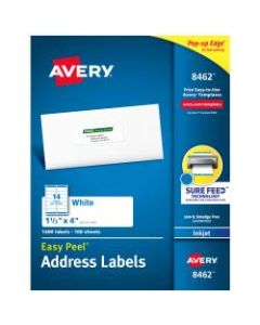Avery Easy Peel White Inkjet Address Labels, 8462, 1 1/3in x 4in, Box Of 1,400
