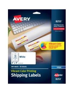 Avery Inkjet Shipping Labels For Color Printing, 8253, 2in x 4in, White, Pack Of 200