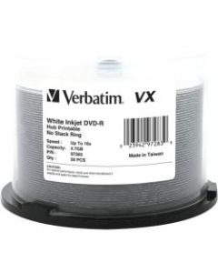 Verbatim DVD-R 4.7GB 16X VX White Inkjet Printable, Hub Printable - 50pk Spindle - 120mm - Yes - Inkjet Printable - 2 Hour Maximum Recording Time