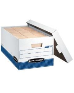 Bankers Box Stor/File Medium-Duty Storage Boxes With Locking Lift-Off Lids And Built-In Handles, Letter Size, 24in x 12in x 10in, 60% Recycled, White/Blue, Case Of 4