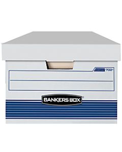 Bankers Box Stor/File FastFold Standard-Duty Storage Boxes With Locking Lift-Off Lids And Built-In Handles, Legal Size, 24D x 15in x 10in, 60% Recycled, White/Blue, Case Of 4