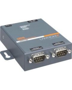 Lantronix 2 Port Serial (RS232/ RS422/ RS485) to IP Ethernet Device Server - International 110-240 VAC - Convert from RS-232; RS-485 to Ethernet using Serial over IP technology; Wall Mountable; Rail Mountable; Two DB-9 Serial Ports; One 10/100 Mbps