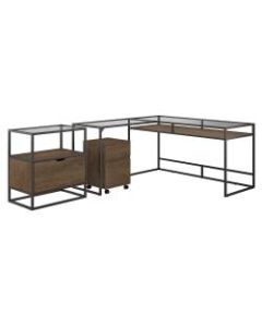 Bush Furniture Anthropology 60inW Glass Top L-Shaped Desk With File Cabinets, Rustic Brown Embossed, Standard Delivery