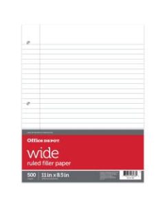 Office Depot Brand Ruled Filler Paper, 11in x 8 1/2in, 3-Hole Punched, 15 Lb, Wide Ruled With Margin, Ream Of 500 Sheets
