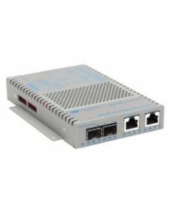 OmniConverter 10/100/1000 PoE+ Gigabit Ethernet Fiber Media Converter Switch RJ45 SFP Wide Temp - 2 x 10/100/1000BASE-T; 2 x 100/1000BASE-X (SFP); US AC Powered; Lifetime Warranty