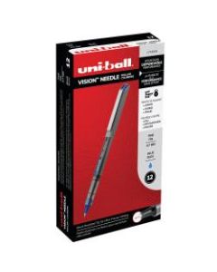 uni-ball Vision Needle Liquid Ink Rollerball Pens, Fine Point, 0.7 mm, Gray Barrel, Blue Ink, Pack Of 12