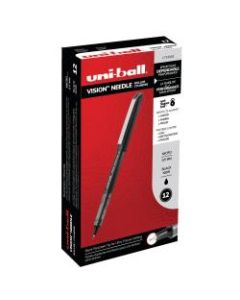 uni-ball Vision Needle Liquid Ink Rollerball Pens, Micro Point, 0.5 mm, Black Barrel, Black Ink, Pack Of 12