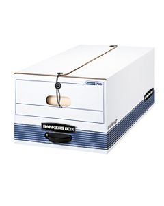 Bankers Box Stor/File Medium-Duty Storage Boxes With String & Button Closure, Built-In Handles, Legal Size, 24in x 15in x 10in, 60% Recycled, White/Blue, Case Of 12