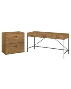kathy ireland Home by Bush Furniture Ironworks 60inW Writing Desk with Lateral File Cabinet, Vintage Golden Pine, Standard Delivery