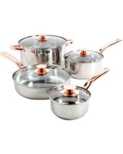 Sunbeam Ansonville 8 Piece Cookware Set - - Copper Handle, Stainless Steel, Glass Lid - Cooking, Frying, Sauteing - 2 quart - 1 quart - 2 quart - 1 gal Dutch Oven Griddle - Stainless Steel - Mirror Polished