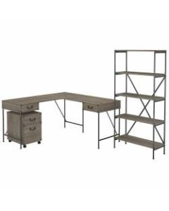 kathy ireland Home by Bush Furniture Ironworks 60inW L-Shaped Writing Desk With Mobile File Cabinet And 5-Shelf Bookcase, Restored Gray, Standard Delivery